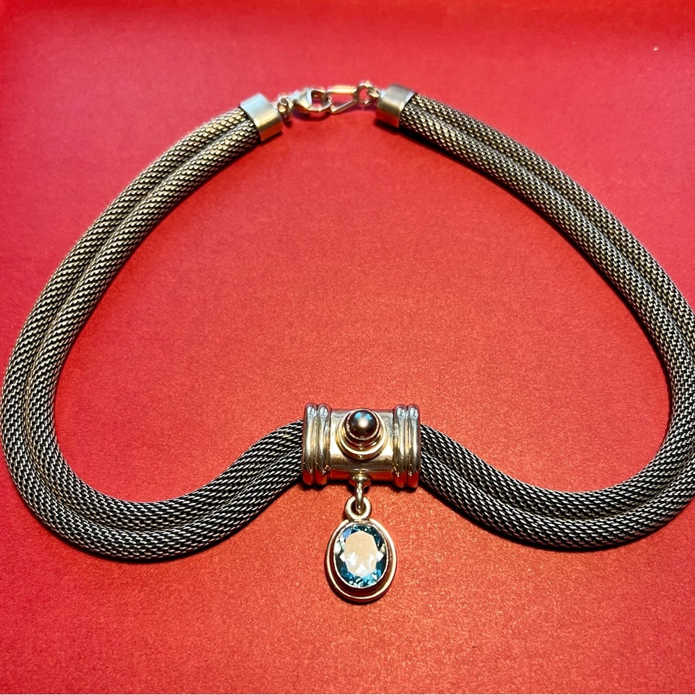 Reve sterling silver double steands necklace w pendant of black pearl/blue topaz